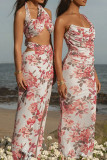 Pink Sexy Print Patchwork Slit Fold Off the Shoulder Long Dresses