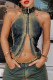 Blue Sexy Street Gradient Make Old Patchwork Backless Zipper Halter Tops