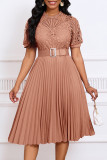 Rose Brown Elegant Solid Hollowed Out Patchwork With Belt Pleated O Neck A Line Dresses