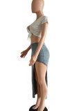 Baby Blue Elegant Solid Patchwork High Opening Regular High Waist Patchwork Bottoms