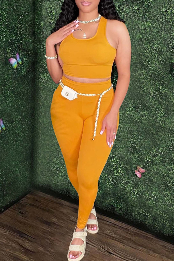 Yellow Casual Solid Patchwork U Neck Sleeveless Two Pieces