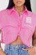 Pink Street Print Letter Turndown Collar Tops