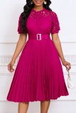 Rose Red Elegant Solid Hollowed Out Patchwork With Belt Pleated O Neck A Line Dresses