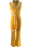 Ink Green Casual Bandage Patchwork V Neck Regular Jumpsuits