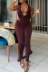 Dark Brown Street Solid Bandage Hollowed Out Patchwork Fold V Neck Sleeveless Two Pieces