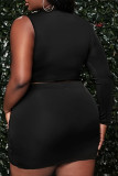 Black Sexy Solid Patchwork See-through Fold O Neck Plus Size Two Pieces