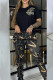 Black Casual Elegant Figure Print Letter O Neck Short Sleeve Two Pieces