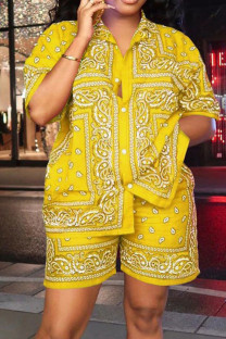 Yellow Casual Print Patchwork Buckle Turndown Collar Plus Size Two Pieces