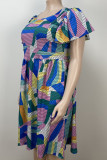 Multicolor Street Print Patchwork Square Collar A Line Plus Size Dresses