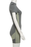Grey Street Patchwork Zipper O Neck Short Sleeve Two Pieces