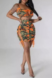 Army Green Sexy Street Camouflage Print Hollowed Out Patchwork Cross Straps Square Collar Wrapped Skirt Dresses