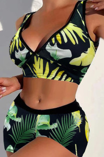 Black Green Sexy Print Patchwork V Neck Plus Size Two Pieces