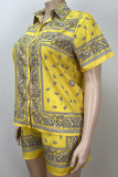 Yellow Casual Print Patchwork Buckle Turndown Collar Plus Size Two Pieces