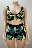 Black Green Sexy Print Patchwork V Neck Plus Size Two Pieces