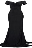 Black Celebrities Solid Patchwork High Opening Zipper Off the Shoulder Long Plus Size Dresses