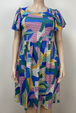 Multicolor Street Print Patchwork Square Collar A Line Plus Size Dresses