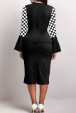 Black Elegant Dot Patchwork Slit O Neck Princess Dresses