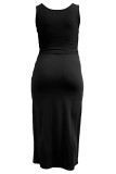 Black Sexy Solid Bandage Patchwork U Neck Pencil Skirt Plus Size Two Pieces