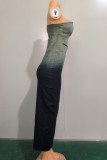Blue Sexy Gradient Patchwork Slit Zipper Strapless Sleeveless Regular Denim Dresses