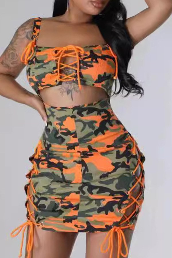 Tangerine Red Sexy Street Camouflage Print Hollowed Out Patchwork Cross Straps Square Collar Wrapped Skirt Dresses