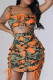 Tangerine Red Sexy Street Camouflage Print Hollowed Out Patchwork Cross Straps Square Collar Wrapped Skirt Dresses