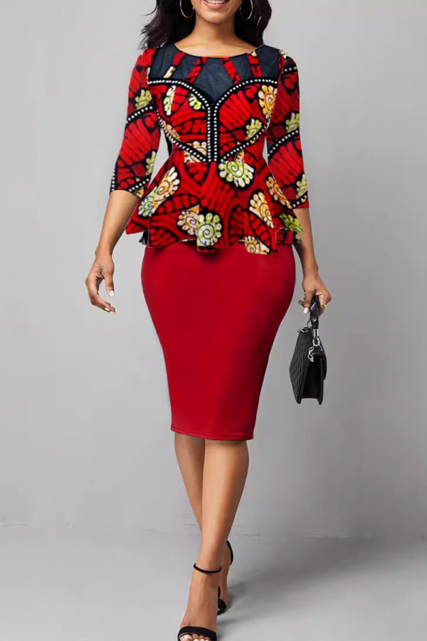 Red College Print Patchwork Slit O Neck Pencil Skirt Dresses