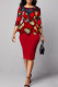 Red College Print Patchwork Slit O Neck Pencil Skirt Dresses