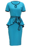 Blue Elegant Bandage Hollowed Out Patchwork Flounce Slit O Neck Short Sleeve Two Pieces