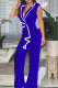 Blue Casual Bandage Patchwork V Neck Regular Jumpsuits