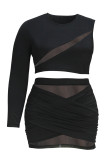 Black Sexy Solid Patchwork See-through Fold O Neck Plus Size Two Pieces