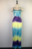 Multicolor Sexy Gradient Patchwork Backless High Opening Spaghetti Strap Sling Dresses