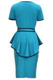 Blue Elegant Bandage Hollowed Out Patchwork Flounce Slit O Neck Short Sleeve Two Pieces