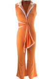 Ink Green Casual Bandage Patchwork V Neck Regular Jumpsuits