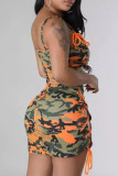 Army Green Sexy Street Camouflage Print Hollowed Out Patchwork Cross Straps Square Collar Wrapped Skirt Dresses