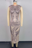 Khaki Casual Print Bandage Hollowed Out Patchwork Backless O Neck Long Dresses
