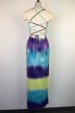 Multicolor Sexy Gradient Patchwork Backless High Opening Spaghetti Strap Sling Dresses