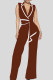 Dark Brown Casual Bandage Patchwork V Neck Regular Jumpsuits