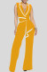 Yellow Casual Bandage Patchwork V Neck Regular Jumpsuits