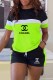 Fluorescent Green Casual Print Patchwork Letter O Neck Short Sleeve Two Pieces