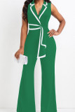 Ink Green Casual Bandage Patchwork V Neck Regular Jumpsuits