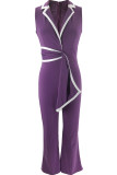 Ink Green Casual Bandage Patchwork V Neck Regular Jumpsuits