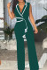 Ink Green Casual Bandage Patchwork V Neck Regular Jumpsuits