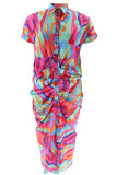 Rose Red Celebrities Print Bandage Patchwork Buckle Fold Turndown Collar Long Plus Size Dresses