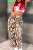 Yellow Casual Street Print Patchwork Pocket Loose High Waist Conventional Full Print Bottoms
