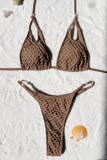 Deep Coffee Sportswear Solid Hollowed Out Patchwork Swimwears