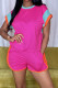 Rose Red Casual Patchwork Pocket O Neck Short Sleeve Two Pieces