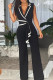 Black Casual Bandage Patchwork V Neck Regular Jumpsuits
