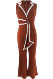 Ink Green Casual Bandage Patchwork V Neck Regular Jumpsuits