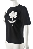 Black Casual Flowers Patchwork Contrast O Neck T-Shirts