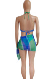 Turquoise Sportswear Gradient Bandage Hollowed Out Patchwork 3 Piece Sets